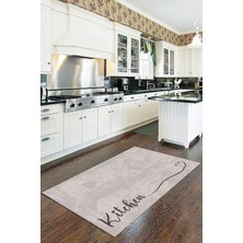 Viva Home Bej Kaymaz Tabanlı Kitchen Yazılı Mutfak Halısı Yolluk VH090, Bej, 100 x 200
