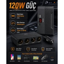 Yellowtech 120W Araç Çakmaklık Çoklayıcı 4’lü | Dijital Voltaj Göstergeli | 1 USB 3.1A + 1 Type-C Hızlı Şarj | Aynı Anda Çoklu Cihaz Kullanımı
