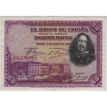 Banknoting Ispanya 50 Peseta 1928 Prado Müzesi ve Velazquez Temalı. Çok Çok Temiz.