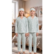 Enie Kız ve Erkek Çocuk Mint Yeşili Pembe Pamuklu Çizgili Uzun Kollu Pijama Takımı + Göz Bandı