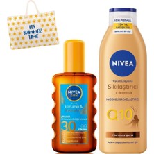 Sun Güneş Koruyucu Bronzlaştırıcı Vücut Sprey 200ML, SPF30 ve Q10 Sıkılaştırıcı Losyon 200ML, Çanta