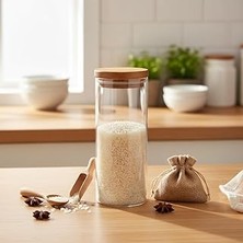 Deconox Doğal Akasya Ahşap Kapaklı Borosilikat Cam Kavanoz - 350 ml Vakumlu Yuvarlak Baharatlık, Çay ve Kahve Saklama Kabı