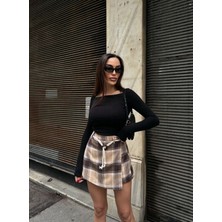 Kadın Halat Kemerli Ekose Şort Etek