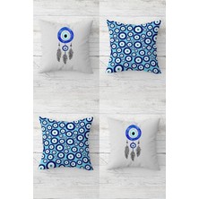Pelangi Naza Boncuğu Dream Catcher Nazarlık Gizli Fermuarlı Kırlent Kılıfı Koltuk Yastık Kılıfı TAKIM(4ADET), Mavi - Açık Gri 45 x 45