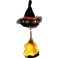 Halloween Cadı Şapkası, LED Işıklı, Siyah Kumaş, Cadı Süpürgesi, Turuncu Şeritli, Dekoratif Süsleme, Pilli