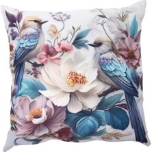 Içi Dolu Krep Örgü Üzerine Dijital Baskılı Kırlent 45X43 cm | Çiçekli Kuş Desenli Dekoratif Yastık