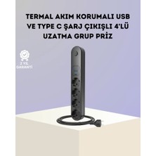 Hsc Bilişim Akım Korumalı Çoklu Priz 4’lü 2 USB 1 Type-C 2500W Güçlü Tasarım