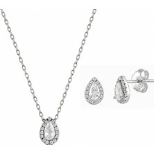 Afrodit Silver 925 Ayar Damla Kesim Zirkon Taşlı Kolye Küpe Gümüş Takı Seti