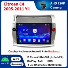 Conio Citroen C4 2005-2010 Yıl uyumlu 4GB Ram 64GB Rom Hafıza Android Kablosuz Carplay Navigasyon Multimedya 9 Inç Ekran Hediye görüş kamerası Hediye Çerçevesi