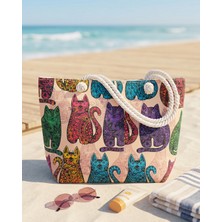 Lyra Bastet Renkli Kedi Desenli Pembe Fermuarlı Astarlı Plaj Çantası