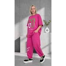 Byemelika Üzeri Taş Baskı Detaylı, Oversive, Bel Lastik Detaylı Bluz & Pantolon Takım (Pembe)