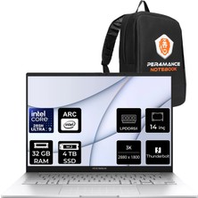 Asus Zenbook 14 Intel Core Ultra 9 285H 32GB Ram 4tb SSD 14" 3k (2880X1800) OLED 120Hz Freedos UX3405CAST1169P305 Notebook + Per4 Çanta