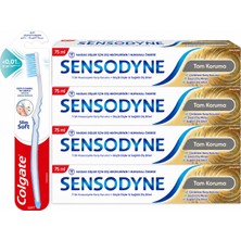 Sensodyne Diş Macunu 75 ml x 4 Adet  Tam  Koruma Diş Macunu+ Colgate Slim Soft Diş Fırçası Derin ve Hassas Temizlik 0,01 mm