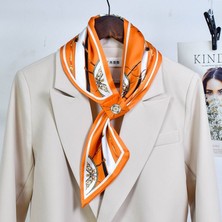 Emays Design Kadın Ipek Saten Desenli Fular Turuncu Renk Şık Boyun Saç ve Çanta Aksesuarı