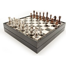 Zero Land Muratech Ahşap Satranç Takımı Siyah Gümüş Metal Taşlı MERKP36S - 30CM, Bakır-Gümüş - MERKP36S30BG