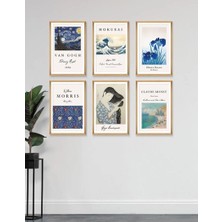 Wooden Factory 6 Parça Ahşap Çerçeve Görünümlü Dekoratif Hediyelik Mdf Tablo, Van Gogh, Hokusai, Morris Gibi..