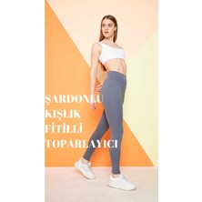 Antrasit Yüksek Bel Fitilli Toparlayıcı İnterlok Örme Şardonlu Spor Kışlık Tayt