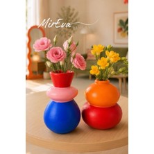 Mireva Maksimalist Ikili Vazo Seti, Modern Stil, El Yapımı Taş Tozu, Renkli Kıvrımlı Dekoratif Obje, 12CM & 9cm, Mavi Pembe Kırmızı Turuncu