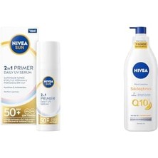 Sun SPF50 Güneş Koruyucu Nemlendirici Primer Makyaj Bazı 30ML ve Q10 Sıkılaştırıcı Vücut LOSYON400ML