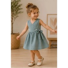 Luniva Butik Kız Çocuk %100 Pamuk Müslin Elbise – Kruvaze Kolsuz Yazlık Elbise | Mavi / Bej / Pudra / Yeşil