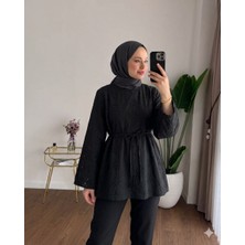 RFK Butik Kadın Çan Kol Fisto Kemerli Bluz Tunik - Siyah