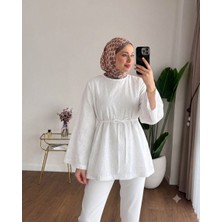 RFK Butik Kadın Çan Kol Fisto Kemerli Bluz Tunik - Beyaz