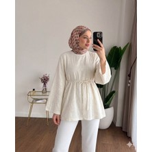 RFK Butik Kadın Çan Kol Fisto Kemerli Bluz Tunik - Bej