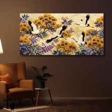 Gaagart Panoramik Kanvas Tablo Uçan Turna Kuşları ve Renkli Çiçekler