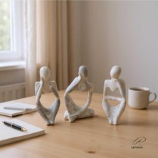Mermer Görünümlü Düşünen Insan Figürü 3'lü Set - Dekoratif - Modern Porselen Tozu Obje - 12.5 cm