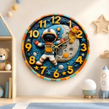 Renkli Baskı Astronot Uzay Çocuk Desenli Sayılı Hediyelik Ahşap Sessiz Duvar Saati 45CM