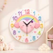 Renkli Baskı Kalp Çocuk Desenli Sayılı Hediyelik Ahşap Sessiz Duvar Saati 45CM