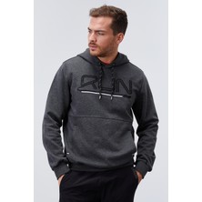 Tommy Life Antrasit Melanj Yazı Nakışlı Standart Kalıp Kapüşonlu Erkek Sweatshirt - 87887