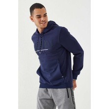 Tommy Life İndigo Yazı Nakışlı Standart Kalıp Kapüşonlu Erkek Sweatshirt - 87887