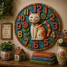AA Shop Kedi Çiçek Renkli Baskı Desenli Sayılı Hediyelik Ahşap Sessiz Tablo Duvar Saati