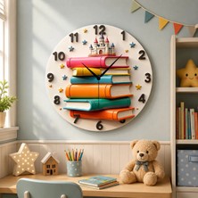 AA Shop Kitap Kütüphane Öğretmen Renkli Baskı Desenli Sayılı Hediyelik Ahşap Sessiz Tablo Duvar Saati