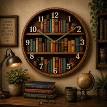 AA Shop Kitap Raf Kütüphane Renkli Baskı Desenli Sayılı Hediyelik Ahşap Sessiz Tablo Duvar Saati 636