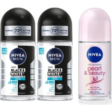 Kadın Roll On Deodorant Pearl &amp; Beauty + Nıvea Men Erkek Roll On Deodorant Black&amp;white Invisible Fresh 50 ml X2