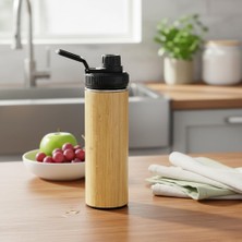 450 ml Bambu Kaplama Tabanlı Mat Siyah Çelik Termos - Sıcak ve Soğuk Tutucu Sızdırmaz Seyahat Bardağı (Mug)