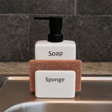 Modern Banyo Mutfak Seramik Sabunluk ve Süngerlik Seti, Beyaz, 380ML Dispenser, Siyah Pompalı, 9X7X17CM