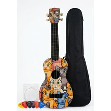Soprano Ukulele, Kedi Desenli, Renkli Çizimli, 4 Telli Müzik Aleti, Dekoratif Çocuk ve Yetişkin Müzik Enstrümanı