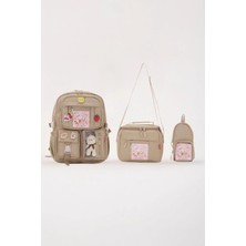 Roxbros Lisanslı Kore Tarzı Kawaii Aksesuarlı Kız Çocuk 3'lü Ilkokul Çanta Seti + Ayıcıklı Okul Çantası + Termal Beslenme Çantası  + Kalemlik