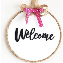 Mixperi Welcome Yazılı Kurdeleli Ahşap Beyaz Kapı Süsü