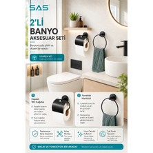 SAS Haus 2’li Siyah Banyo Aksesuar Seti Kapaklı Tuvalet Kağıtlığı ve Yuvarlak Havluluk