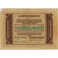 Banknoting Almanya Duisburg 100.000.000 Mark 1923 Notgeld. Yerel Banknot. Sol Üst Köşede Kopma Var Ççt. Nadir.