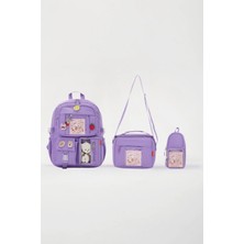 Roxbros Lisanslı Kore Tarzı Kawaii Aksesuarlı Kız Çocuk 3'lü Ilkokul Çanta Seti + Ayıcıklı Okul Çantası + Termal Beslenme Çantası  + Kalemlik