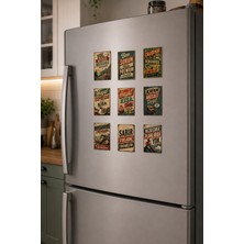 Grafiklas Retro Vintage Esprili Komik Sözler 9'lu Buzdolabı Magnet Seti 6,5x8,5 cm Dekoratif Metal Görünümlü