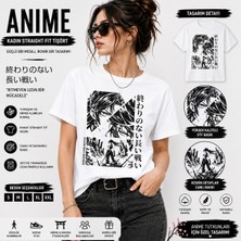 Tişört Kodu Anime Karakter Baskılı Kadın Straight Fit Tişört – Japon Yazılı Minimal Manga Tasarımı