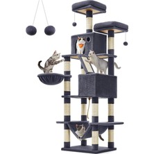 Feandrea Kedi Ağacı, Büyük Oyun Kulesi, Yükseklik 206 Cm, 13 Çizik Tahtası, 1 Çizik Tahtası, 2 Platform, 2 Niş, Sepet, Hamak, Pompon, Peluş Kumaş, Çok Seviyeli Koyu Gri
