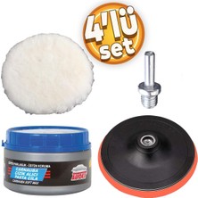 Pasta Cila Polisaj Parlatma Yünü Pedi Keçesi SÜNGERI+115 mm Cırt Taban+Matkap Aparatı+Oto Pasta Cila 300 gr (4'lü Set)
