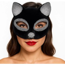 Mentra Online Siyah Renk Gümüş Simli Süet Kaplama Kedi Maskesi 18X14 cm - Parti Gözlüğü & Maske - Parti ve Kutlama